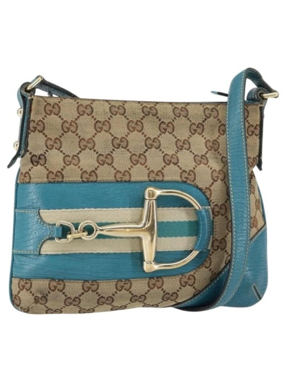 Authentic GUCCI GG Canvas Shoulder Bag Beige Turquoise Blue Gold 141506
